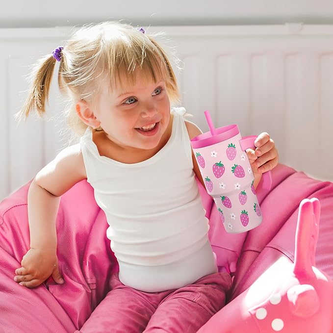 Strawberry Tumbler 20oz with Handle and Silicone Straw Lid for Kid, Insulated Stainless Steel Cup, Gift for Kids Girls, Gifts Idea for Birthday Christmas Back to School