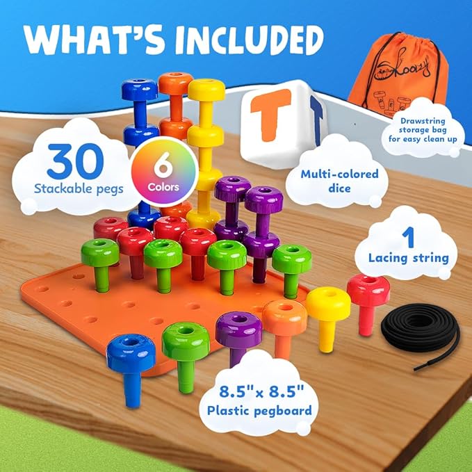 Skoolzy Peg Board Set - Montessori Toys for 2 Year Old - 33 Pc Plastic Peg Board for Kids - Occupational Therapy Toys with Pegs, Dice, Lacing String & Storage Bag