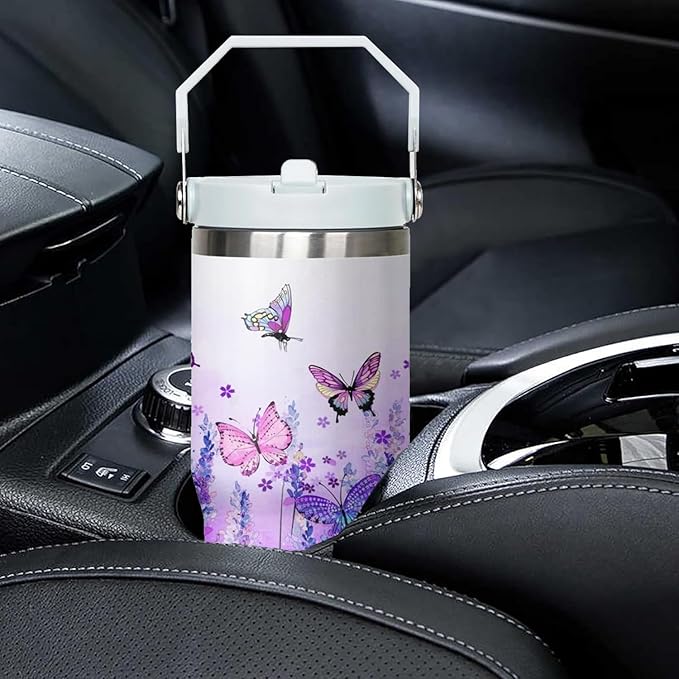 30 Oz Flip Tumbler with Handle Lid and Straw,Purple Butterfly Reusable Tumbler Water Bottle Travel Coffee Cup Mug,Butterfly Gifts for Women Mom Daughter Girlfriend Teenage Girls Bridesmaid