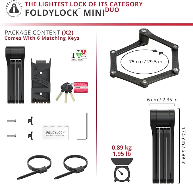 Seatylock FoldyLock Mini Folding Bike Lock - Patented Lightweight Bicycle Lock - Heavy Duty Anti Theft Guard with Key for Electric Scooter & City Bikes