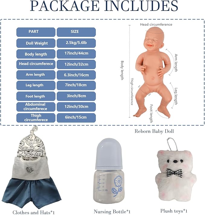 17.72 in Full Silicone Reborn Baby Dolls, 1:1 Lifelike Newborn Dolls Non Vinyl Realistic Reborn Toddler Dolls Boy Washable Sleeping Doll