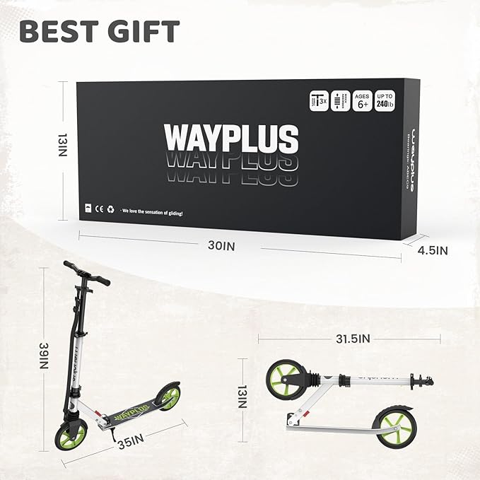 Kick Scooter for Ages 6+,Kid, Teens & Adults. Max Load 240 LBS. Foldable, Lightweight, 8IN Big Wheels for Kids, Teen and Adults, 4 Adjustable Levels. Bearing ABEC9