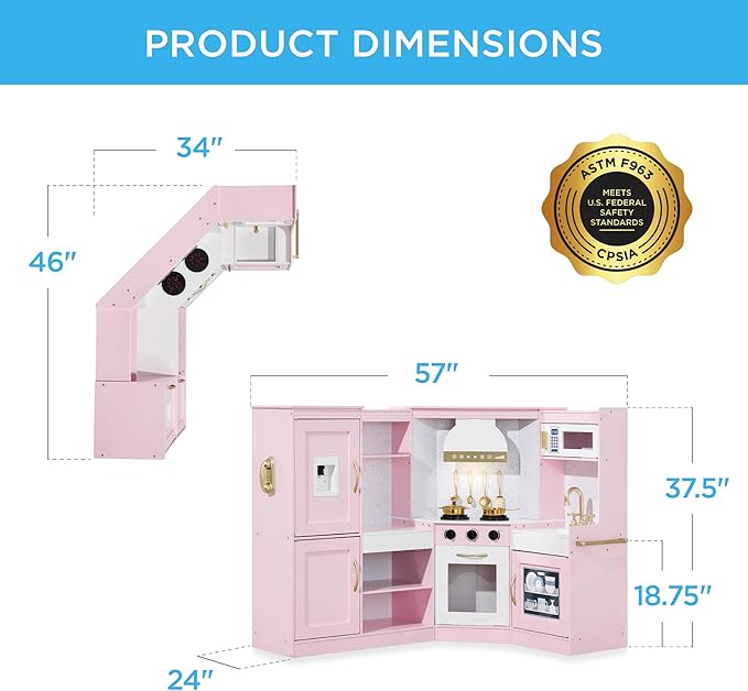 Best Choice Products Pretend Play Corner Kitchen, Ultimate Interactive Wooden Kids Playset w/Lights & Sounds, Ice Maker, Hood - Bevel Pink