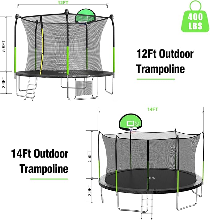 SKOK Trampoline 8FT 10FT 12FT 14FT 15FT Trampolines with Enclosure Net, 400LBS Outdoor Trampolines for Kids with Basketball Hoop-ASTM Approved Trampoline for Children and Adults with Ladder