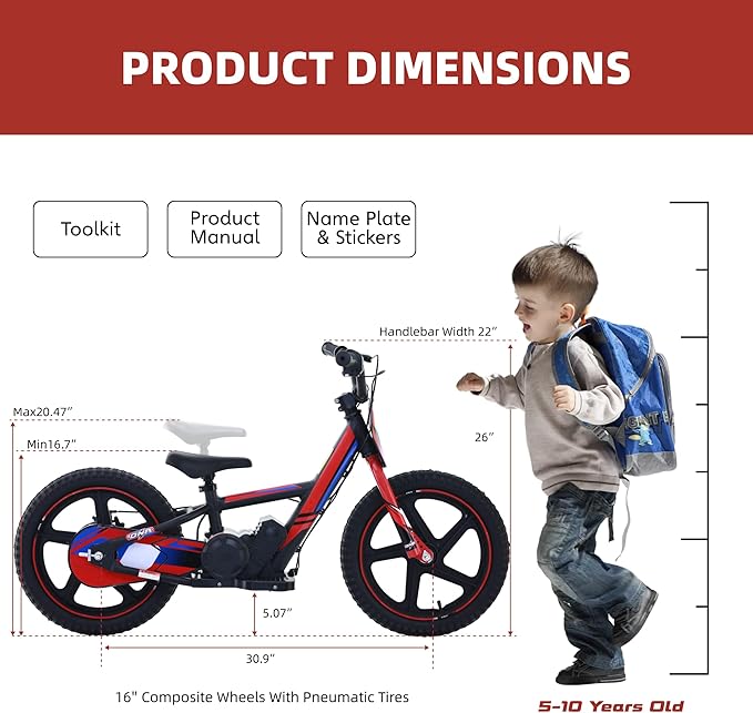 OLALA Electric Dirt Bike for Kids Aged 5-10, 340W Racing Grade Electric Motorcycle with Aluminum Frame, Up to 12MPH & 3 Speed Settings, Safe Disc Brakes, 16IN Knobby Tires