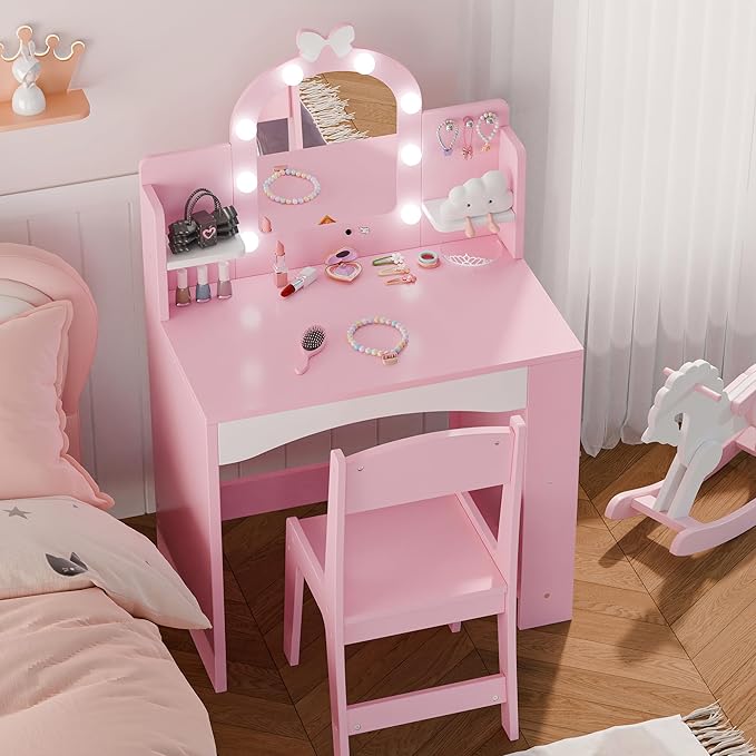 MU Kids Vanity with Lights, Princess Makeup Vanity Table and Chair Set for Girls, Toddler Vanity Desk with Open Bookshelf, Storage Cabinet & Shelves, Stools, Pink