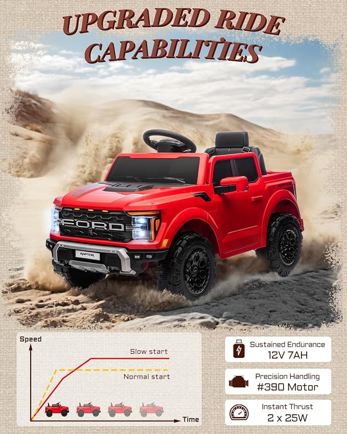First Ride On Licensed Ford F-150 Raptor 12 Volt Kids Ride on Car, Ride on Toys for Kids with Remote Control, Electric Vehicle for Toddler with Smooth Start, Truck Bed Storage, Bluetooth (Red)