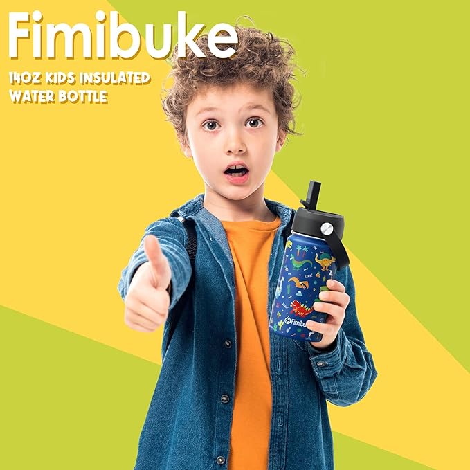 Fimibuke Kids Insulated Water Bottle, 14oz BPA FREE Double Wall Vacuum Tumbler 18/8 Stainless Steel Leak Proof Kids Cups with Straw Metal Bottles for School Boys Girls (2 Pack, Trucks/Green Dinosaur)