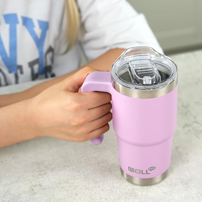 Travel Coffee Mug with Handle 16 oz Stainless Steel Double Wall Vacuum Insulated Tumbler Cup with Lid and Straw (Baby Blue)