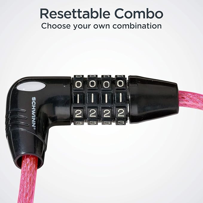 Schwinn Combination Bike Lock in Braided Steel Cable, 5 feet x 8 mm Anti Theft Bicycle Lock, Pink, Security Level 1