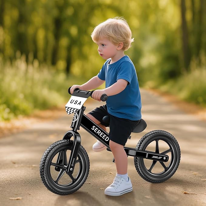 SEREED Toddler Balance Bike 2 Year Old, No Pedal Kids Toy Bike for 2-5 Years Old, Tool-Free Adjustment, for Grandkids 2-3 Boys Girls, Customize Plate with 3pcs Stickers (Black)