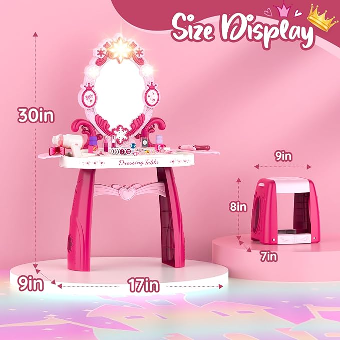 Toddler Makeup Table Toy with Mirror and Chair, Kids Pretend Play Vanity Set with Lights and Sounds Hairdryer, Make Up Accessories for 3-6 Years Old Girls