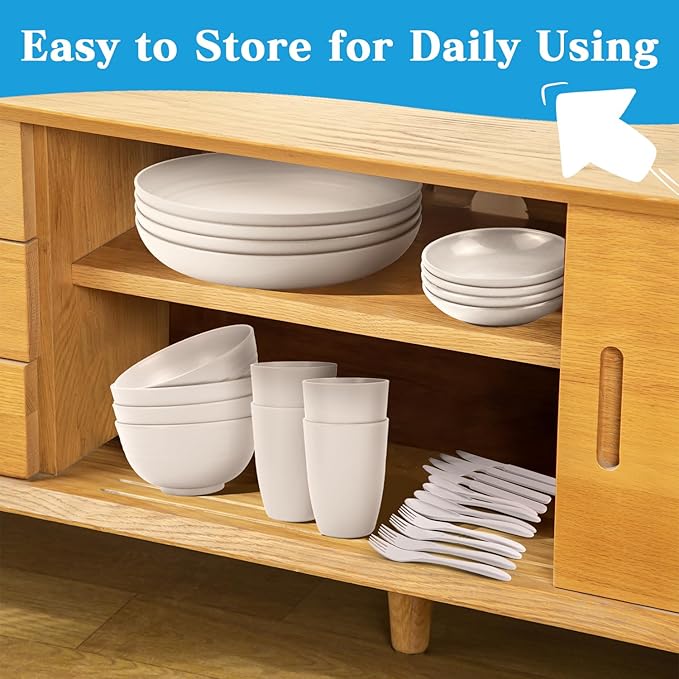 Wrova Wheat straw dinnerware sets - 28 Pieces dish sets service for 4 - Lightweight and Unbreakable Plates and Bowls Sets for Travelling and Camping.White