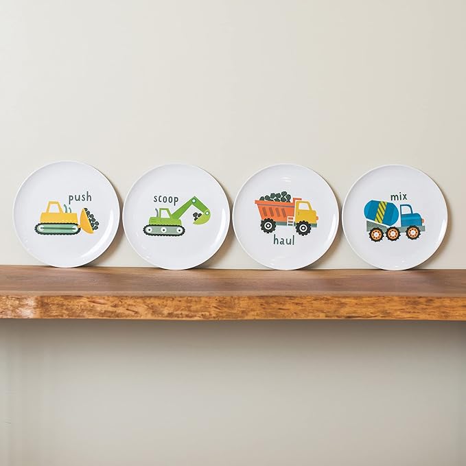 Tiny Expressions - Construction Plates for Toddlers - Set of 4 Melamine Plates for Kids - Excavator, Cement Mixer, Bulldozer, and Dump Truck - Fun Plastic Dinnerware for Kids