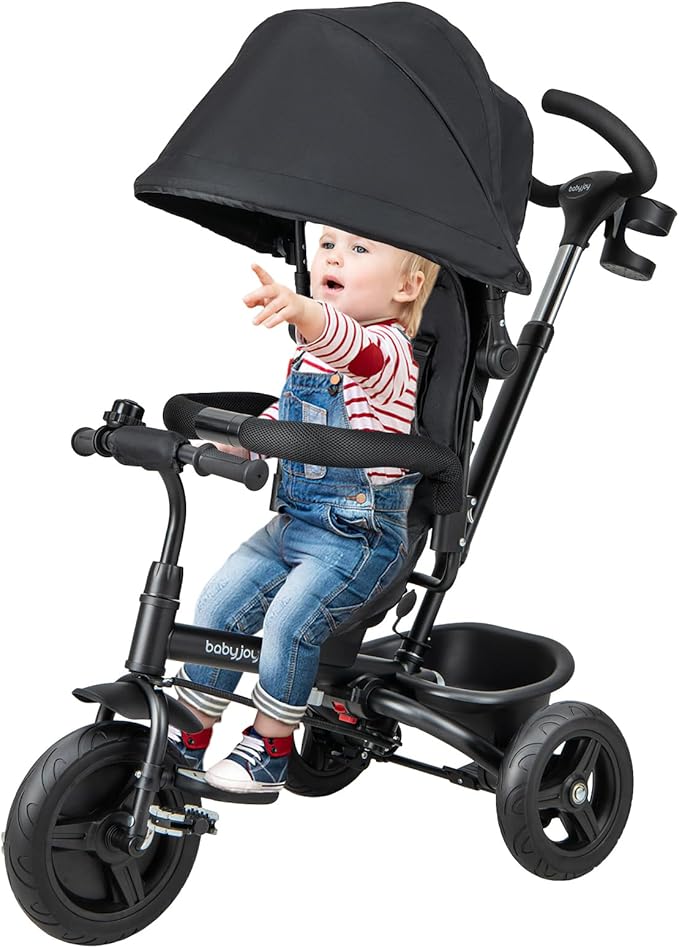 BABY JOY Tricycle, 6 in 1 Tricycle for Toddler w/Reversible Seat, Adjustable Canopy & Parent Handle, 5-Point Safety Belt, PU Wheels and Storage Basket, Push Tricycle for 9-60 Months (Black)
