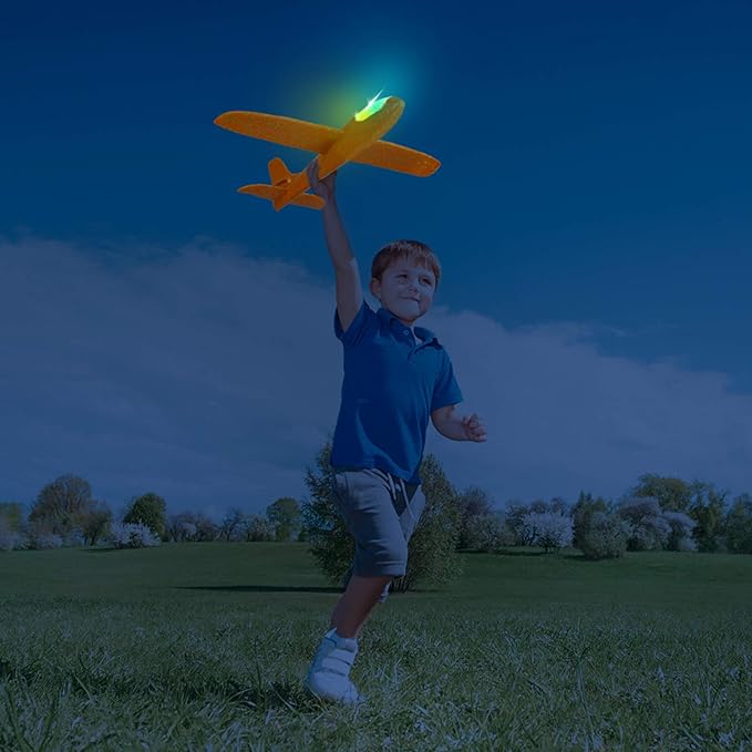 2 Pack LED Light Airplane,17.5" Large Throwing 2 Flight Mode Glider Plane,Flying Toy for Kids,Gifts for 3 4 5 6 7 8 9 Years Old Boy,Outdoor Sport Toys Birthday Party Favors Foam Airplane