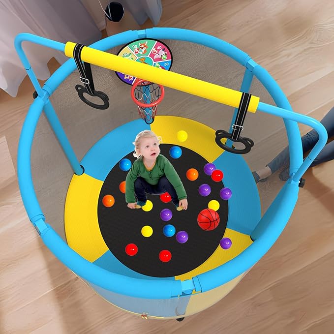LANGXUN 60" Trampoline for Kids, 5ft Toddler Mini 6-in-1 Trampoline Indoor Outdoor with Swing, Basketball Hoop, Dart Board, Rings, Christmas Toys Birthday Gifts for Girls Boys