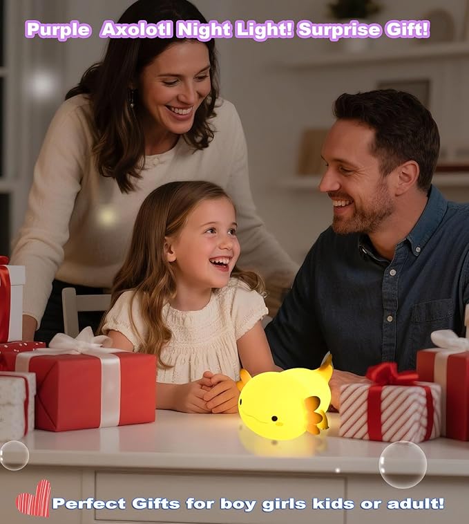 HAPPYBAG Axolotl Night Light,Cute Axolotl lamp Gifts for Kids,Dimmable Silicone Animal Nursery Night Light,Kawaii Rechargeable Bedside Touch Lamp,Baby Room Decor Axolotl Light