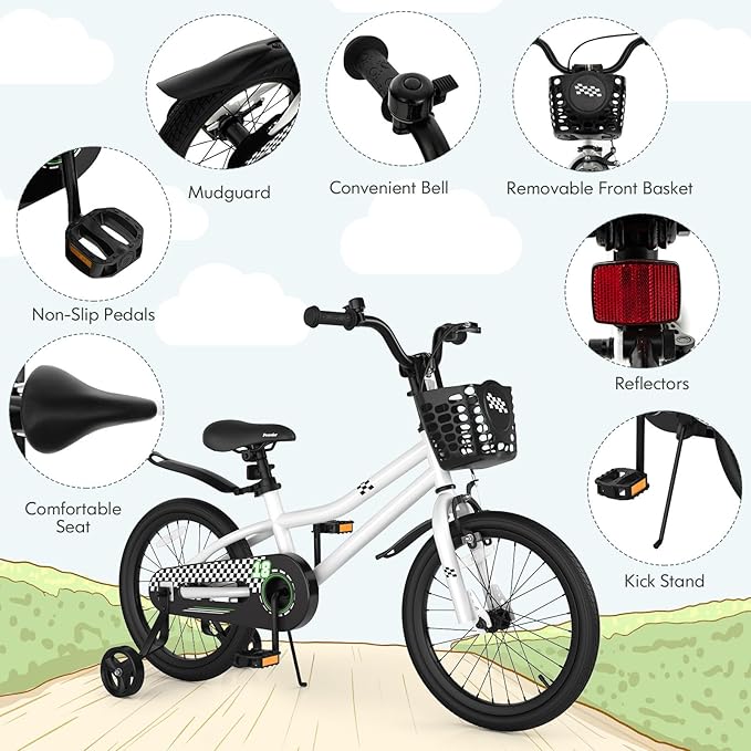 COSTWAY Kids Bike, 12 14 16 18 Inch Toddler Bike for Boys & Girls Aged 3-8 Years Old, Kids Bicycle w/Removable Training Wheels, Handbrake & Coaster Brake, Basket, Bell