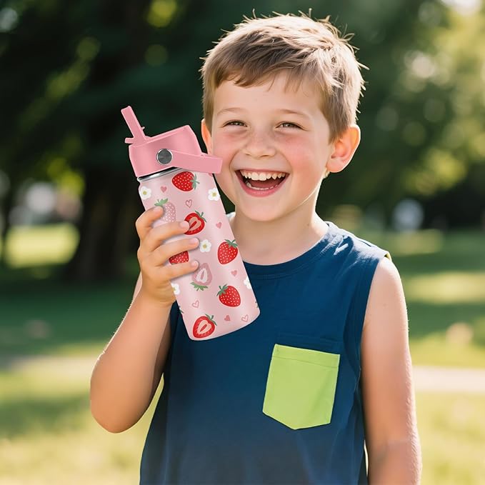 16oz Insulated Water Bottle with Handle & Flip Straw Strawberry-Themed Tumbler, Stainless Steel Heart-Shape Themed Mugs, Gifts for Girls Coworkers, Friend, Travel Cup