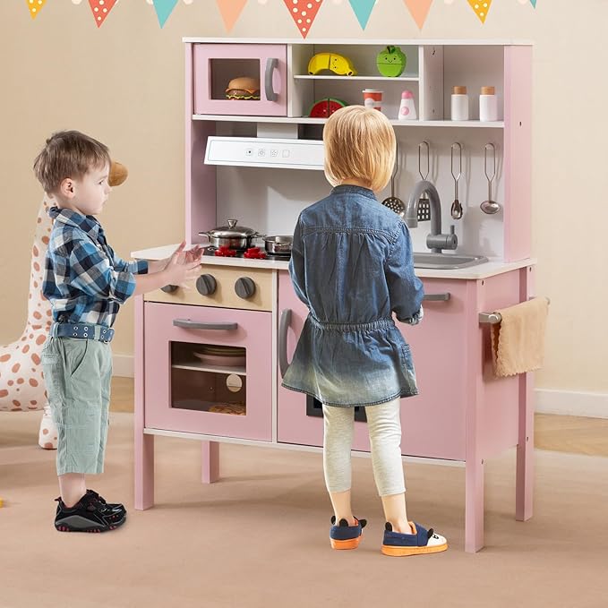 Costzon Kids Kitchen Playset, Wooden Pretend Toddler Kitchen Toy Set w/Sound, Microwave, Oven, Ice Maker, Range Hood, Stoves, Sink & 18 Accessories, Pink Play Kitchen for Girls Ages 3+