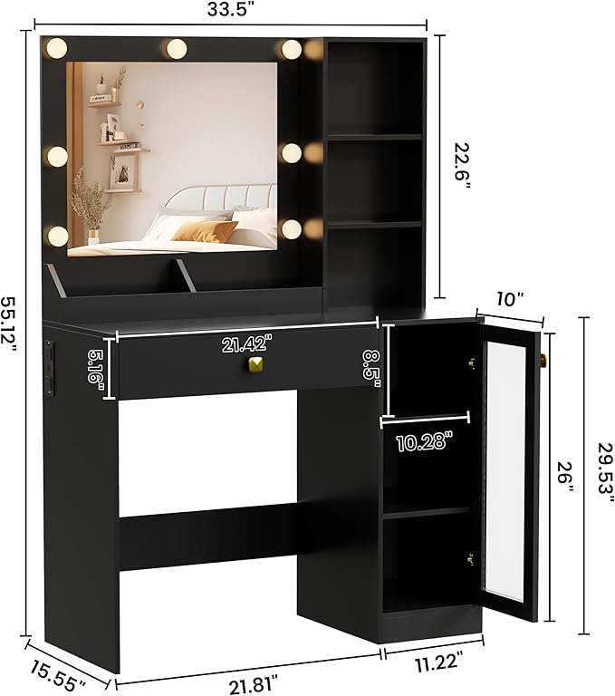 Makeup Vanity with Mirror and Lights & Power Outlet, 34'' Small Vanity Desk with Drawers and Storage Cabinet & Makeup Tray, Dressing Table for Girls Bedroom Dressing Room, Black