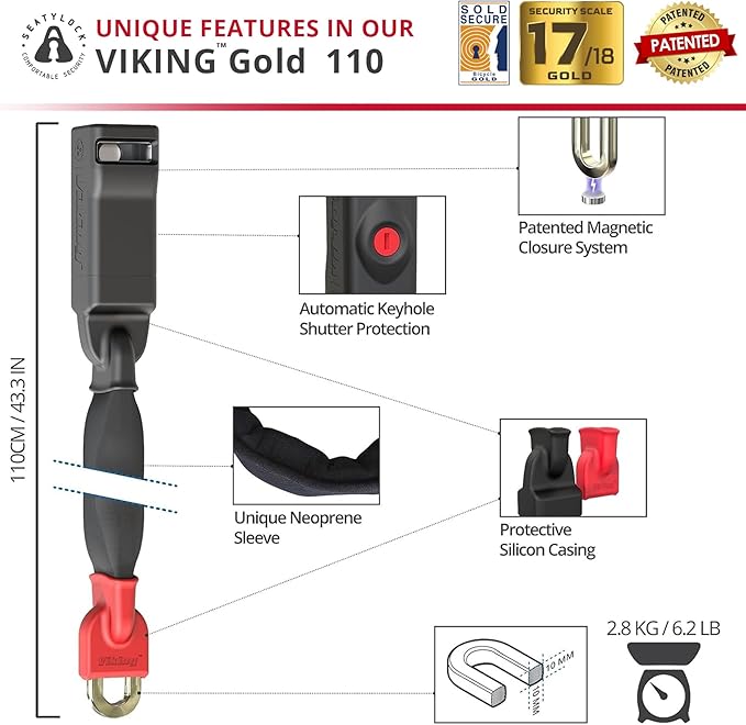 Seatylock Viking Bike Chain Lock with Key - Magnetic Patented Sold Secure Gold Rated - Heavy Duty Anti Theft - Smart Ultra Security Bicycle Lock (43.3 Inch)