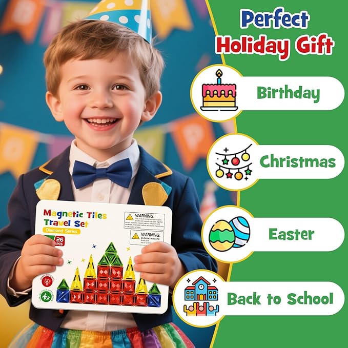 Magnetic Tile Mini Diamond Set Travel Size Magnetic Building Toys with Iron Case, Kid's Travel Essential On-The-Go Magnet Construction Toy Set STEM Development Kit Ages 3+, 26-Piece