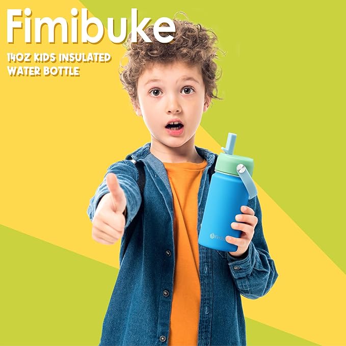 Fimibuke Kids Insulated Water Bottle, 14oz BPA FREE Double Wall Vacuum Travel Tumbler 18/8 Stainless Steel Leak Proof Kids Cups with Straw Metal Water Bottle for School Boy Girl (2 Pack, Hawaii)