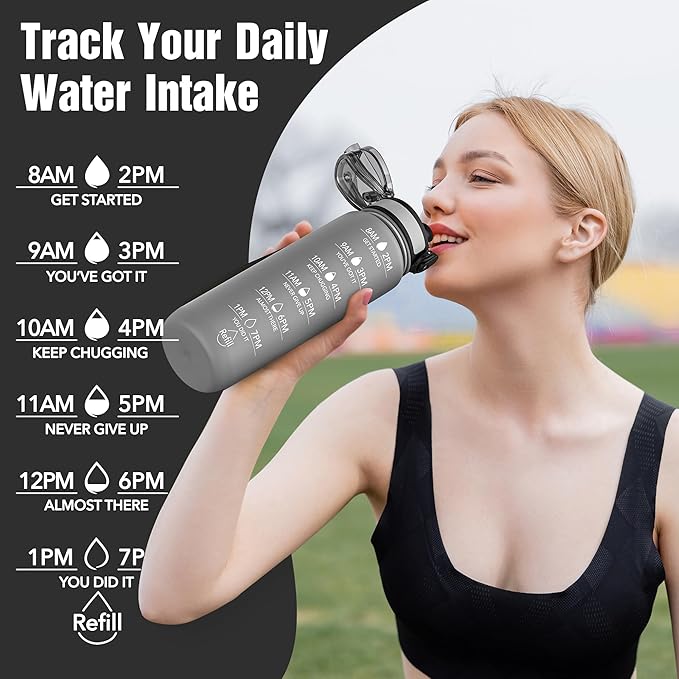 OLDLEY Water Bottle, 32oz Motivational Sports Water Bottle with Time Marker - Times to Drink - Tritan, BPA Free, Wide Mouth Leakproof, Grey Misty (1 Bottle)