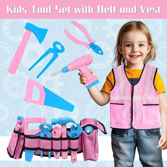 Kids Tool Set 55Pcs Tool Box Toddler Tool Kit for Girls Play Tools Toy with Tool Belt Electronic Toy Drill Safety Vest Pretend Play Construction Toy for Girls Boys Ages 3 4 5 6 7 Years Old