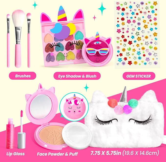 ULOVEME Kids Real Makeup Kit for Little Girls - Real, Non Toxic, Washable Make Up Toy - Umicorn Toys Gift for 3 4 5 6 7 8 9 10 12 Years Old Girls Birthday (White Umicorn)