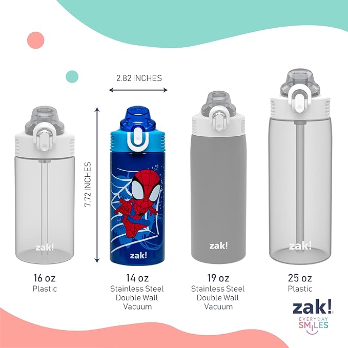 Zak Designs Marvel Spider-Man Sage Kids Water Bottle For School or Travel, 14oz Stainless Steel Water Bottle With Straw, Handle, and Leak-Proof, Pop-Up Spout Cover (Spidey and His Amazing Friends)