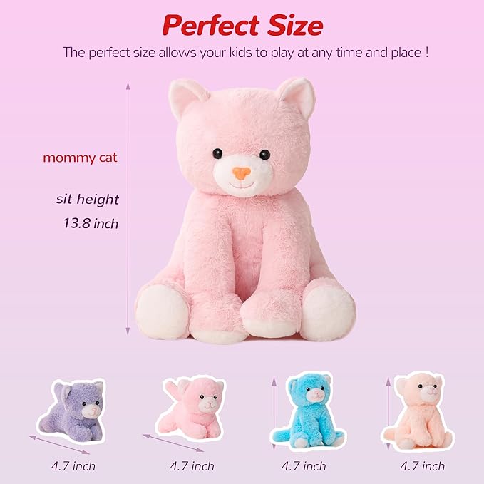 5 Pieces Cat Stuffed Animals for Girls, 1 Mommy Cat with 4 Babies, Soft Plush Cat Toy Set for Kids 3-9, Gifts for Christmas, Birthday, Children's Day, Valentine's