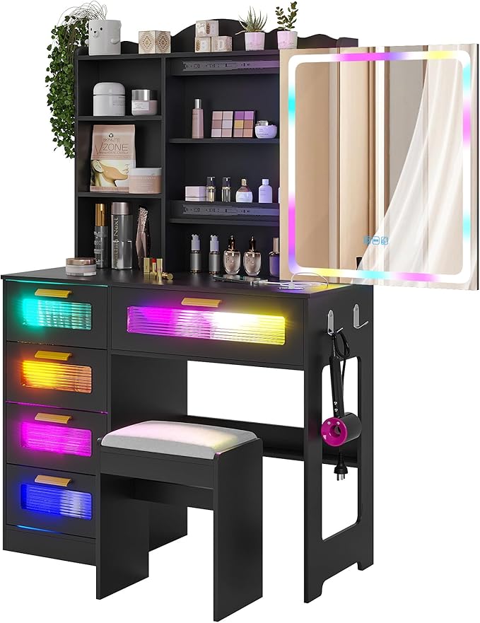HNEBC Vanity Desk with Sliding Mirror and LED Lights, RGB Vanitys with Charging Station, Makeup Vanitys with Remote Control, White Dresser with Stool/Lager Drawers for Bedroom (Black)