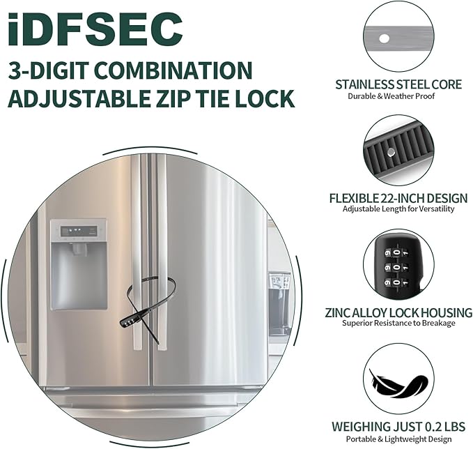 Zip Tie Lock, Adjustable Cable Tie with Stainless Steel Core - Multi-Purpose Cable Lock for Securing Helmets, Bicycles, Skis, Scooters, Café, Gate Door (3/Pack, Black)