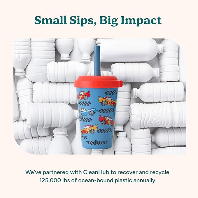 REDUCE GoGo's Kids Portable Tumbler Cups with Lids and Spill-Proof Straws - 5 Pack of Stackable 12 oz Tumblers with Twist-On Lids - Easy Storage, Dishwasher Safe - New Explorer