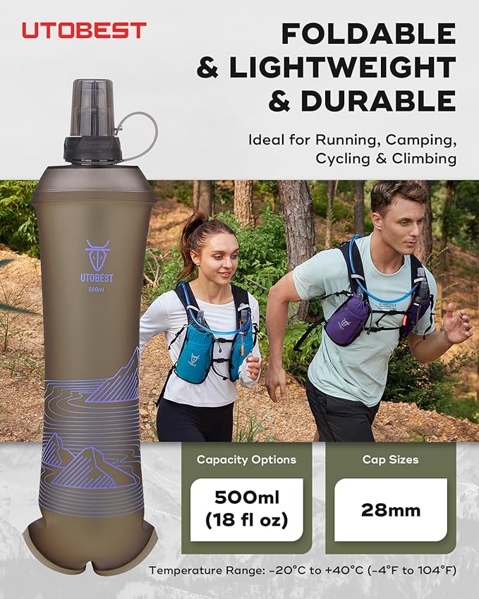 UTOBEST 500ml Soft Flask, 2 Pack Flexible TPU Hydration Water Bottle, Collapsible with 28mm Caliber for Running, Hiking, Cycling, Climbing, and Marathon Purple