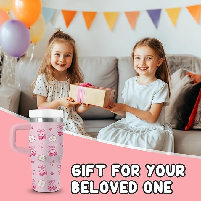 Cherry Bow Gifts for Girls - 14oz Kids Tumbler with Handle and Straw, Stainless Steel Insulated Water Cup, for Sport, School, Travel - Pink Bow Cherry Themed Children Birthday Gift Cup(1pc)
