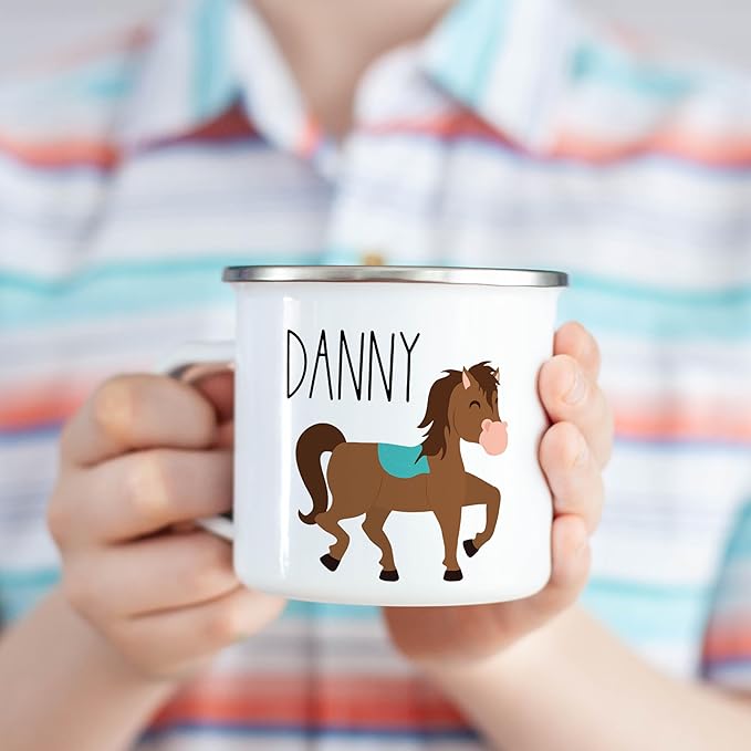 Personalized Mug for Kids, Boys, Girls | Customized Cocoa, Hot Chocolate, Coffee & Milk Cup | Custom Name Birthday Gift Party Favors | 11 Oz Stainless Steel Camping Mug Unbreakable | Horse