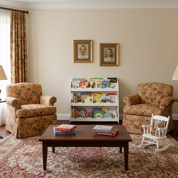 Kids Bookshelf Wooden Montessori Book Shelf Dutch Design 3Tier Scalloped,SnowfallWhite Gift