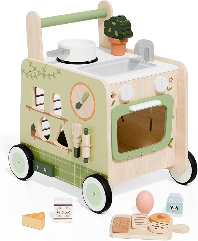 Baby Push Walker -Wooden Push Walker Montessori Toy- Toddler Learning Activity Walker for Girls Boys 1-3 Years - Pretend Kitchen Playset Ideal for Toddlers(Green )