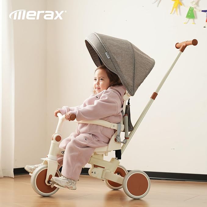 Merax 7-in-1 Foldable Toddler Tricycle Removable Pedal, Canopy and Guardrail Adjustable Push Handle