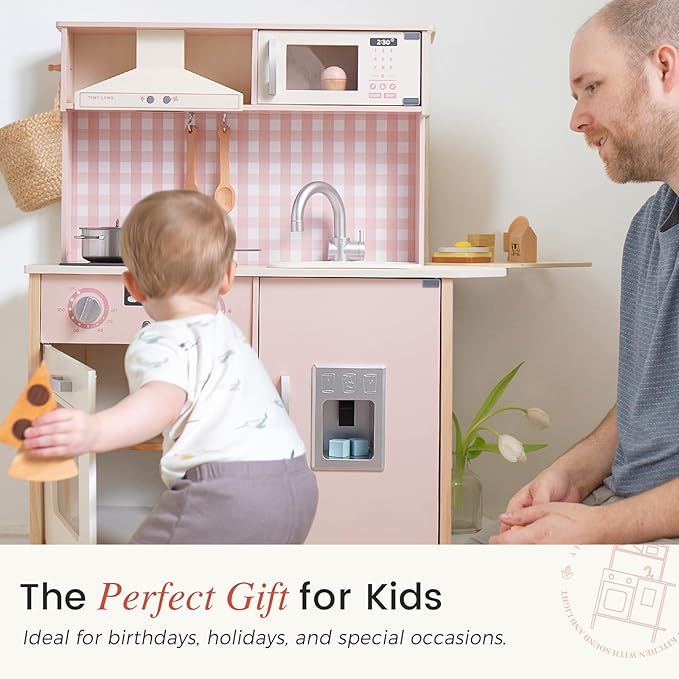 Tiny Land Play Kitchen for Kids, Wooden Kids Play Kitchen Playset Chef Pretend Play Set for Toddlers with Real Lights & Sounds, Toys Kitchen with 18 Pcs Toy Food & Cookware Accessories