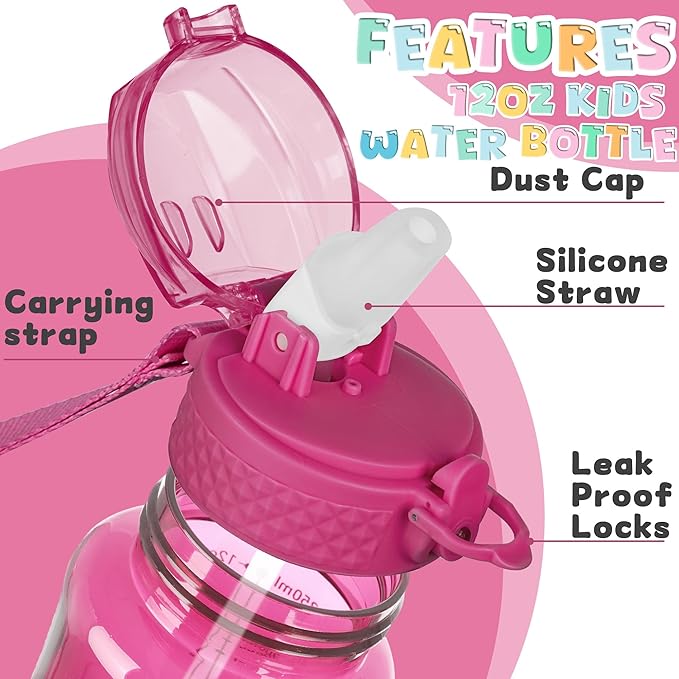 OLDLEY 12oz Kids Motivational Water Bottle with Silicone Straw, Leak-Proof Tritan BPA-Free, Reusable for School Girls & Boys, Eggplant