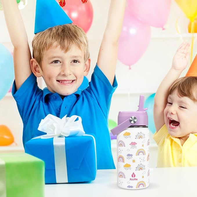 14 oz Rainbow Kids Water Bottle With Straw Lid,Stainless Steel Travel Bottle,Double Wall Leak Proof Kids Cup,Insulated Tumbler for Toddlers,Metal Bottle for School Boys Girls