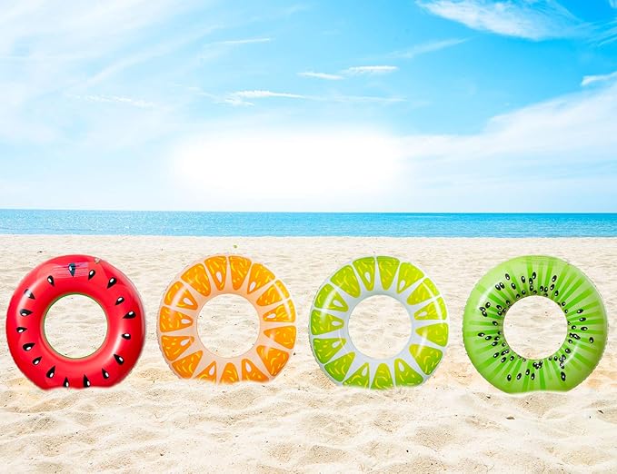 90shine 7PCS Fruit Pool Floats: Watermelon Kiwi Orange Lemon Swimming Rings with 13.5" Beach Balls - Inflatable Tubes Floaties Toys for Kids Adults