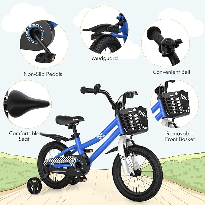 COSTWAY Kids Bike, 12 14 16 18 Inch Toddler Bike for Boys & Girls Aged 3-8 Years Old, Kids Bicycle w/Removable Training Wheels, Handbrake & Coaster Brake, Basket, Bell