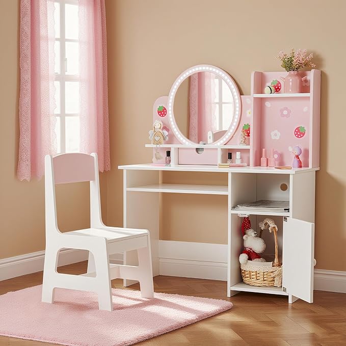 JOYLDIAS Kids Vanity with Lights, Pink Girls Makeup Vanity with Open Bookshelf, Storage Cabinet & Shelves, 2 in 1 Toddler Vanity Desk and Chair Set, Dressing Table for Kids 3+