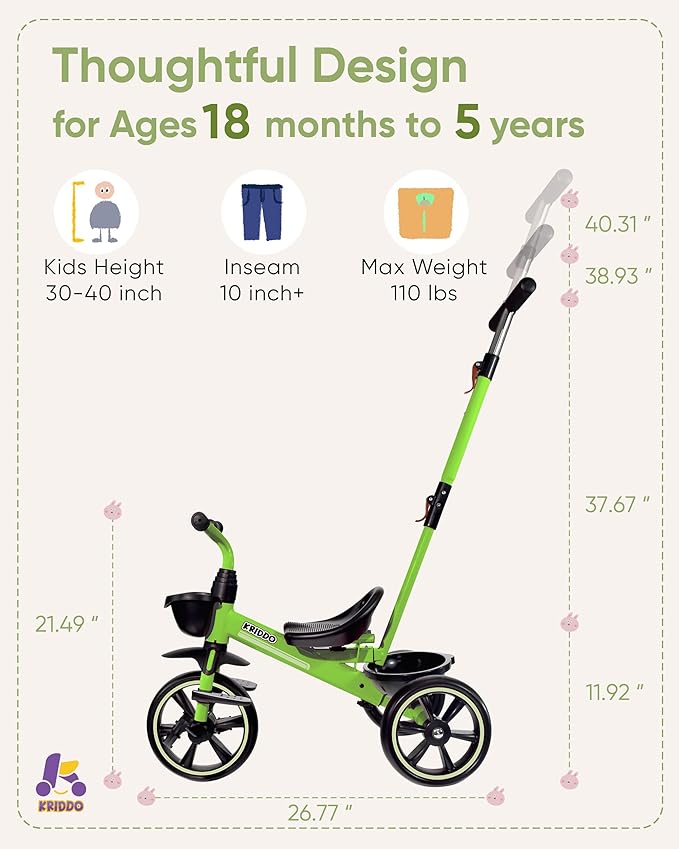 KRIDDO 2-in-1 Toddler Tricycle for Ages 18 Months to 5 Years Old - Extended Push Handle for Effortless Push, Gift Trike for Toddler 3 to 5 Year, Kids Tricycle with Foldable Front Footrest, Green